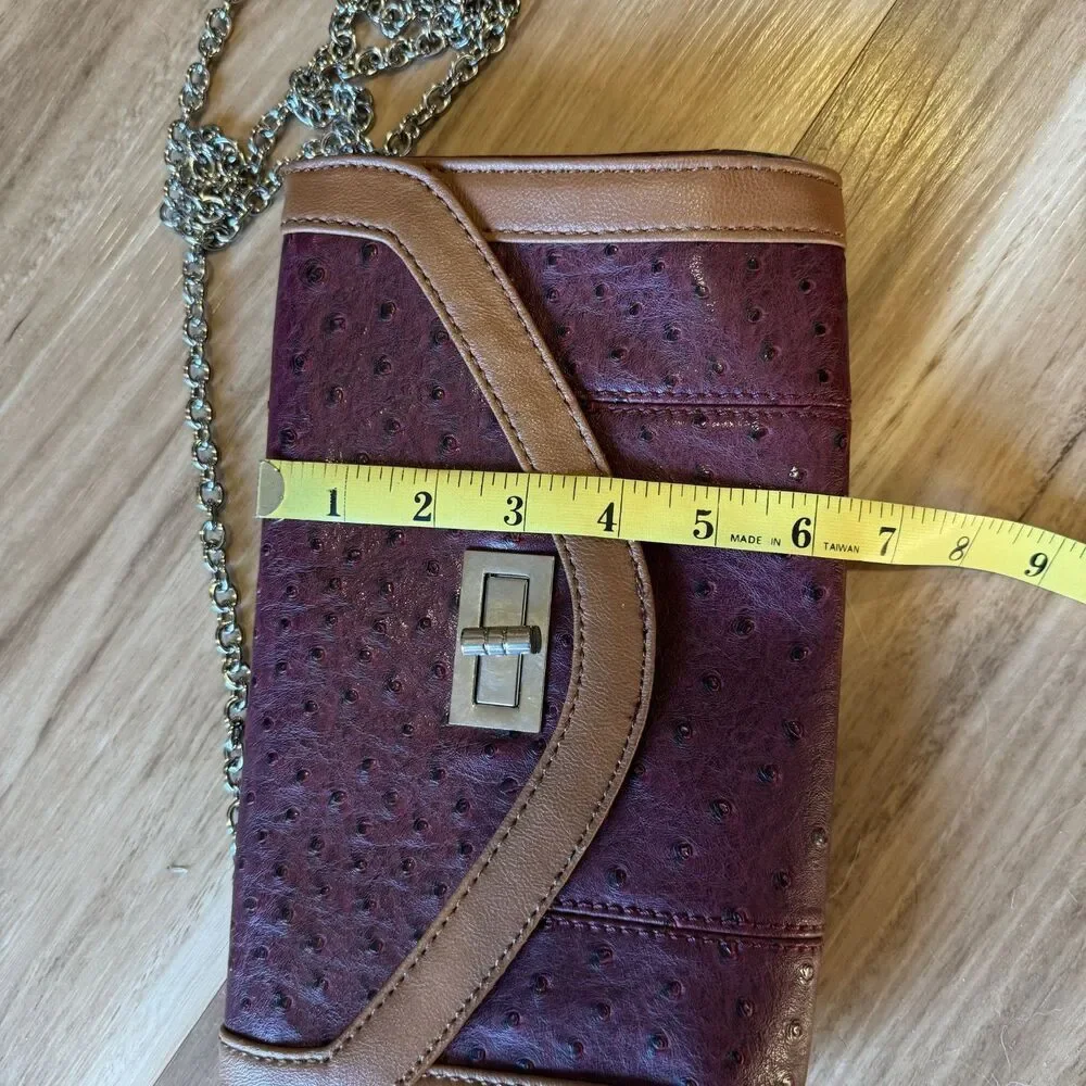 Apt. 9 Clutch Ostrich Embossed Burgundy Tan Vegan Leather Silver Chain Bag Y2K